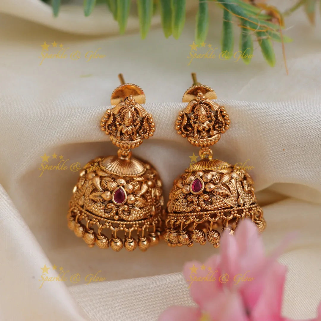 Antique Matte Gold alike Lakshmi Floral Temple Jhumka Earrings - Sparkle and Glow