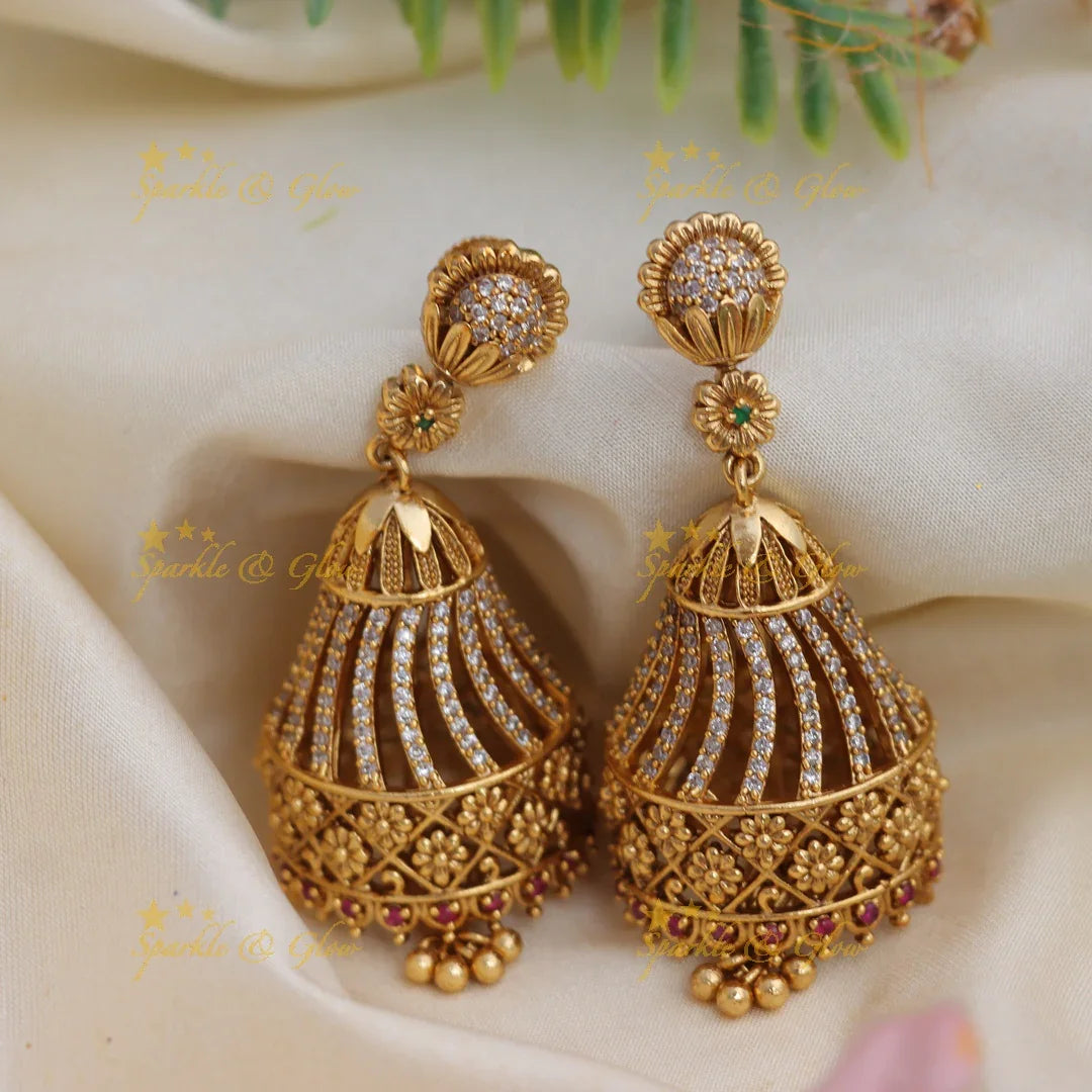 Grand Designer Jhumka Earrings with Floral CZ Detailing - Sparkle and Glow
