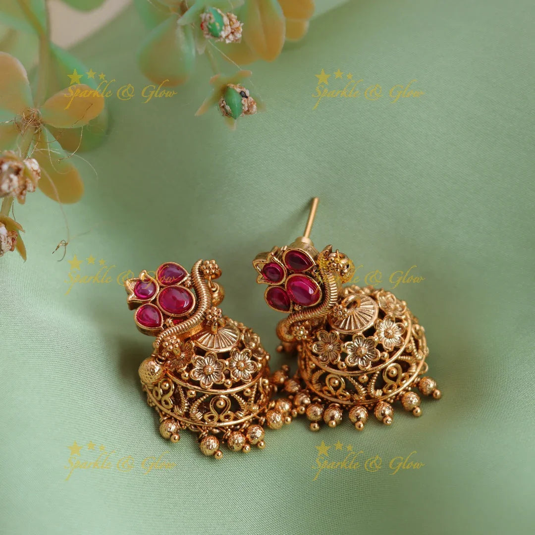 Antique Gold alike Peacock Jhumka Earrings with Ruby Stones - Sparkle and Glow