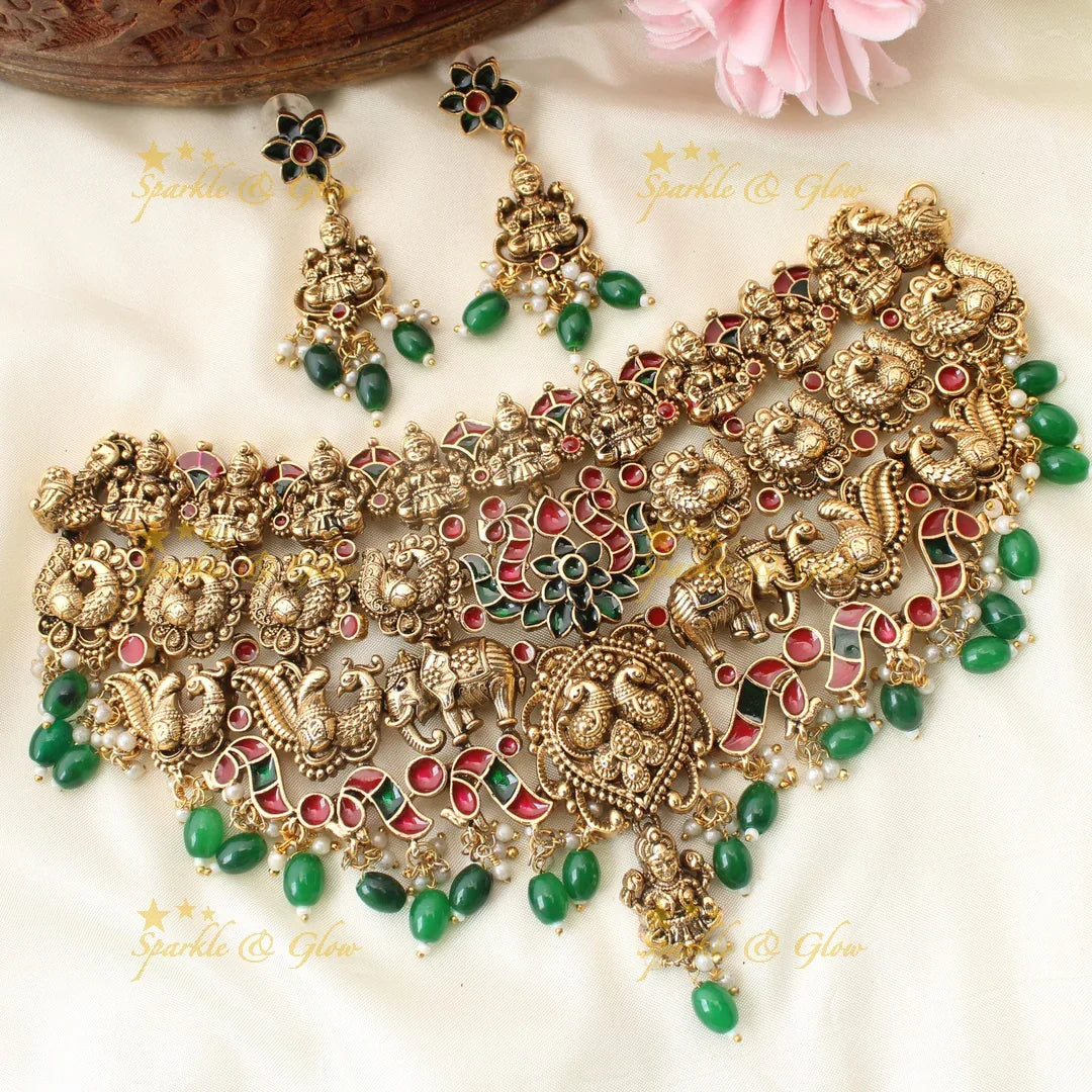 Gold Lakshmi Elephant & Peacock Necklace with Green Beads