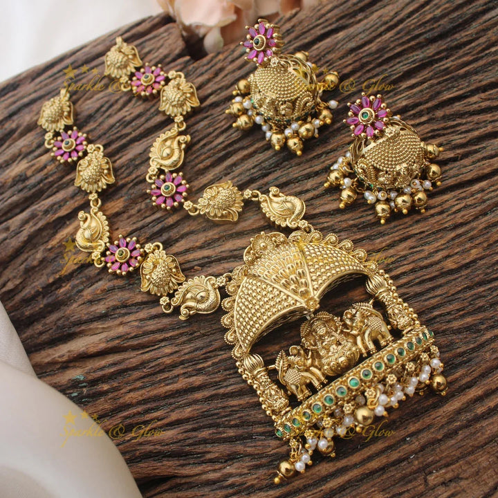 Grand Idol Lakshmi Elephant pendant carved Peacock Floral Short necklace