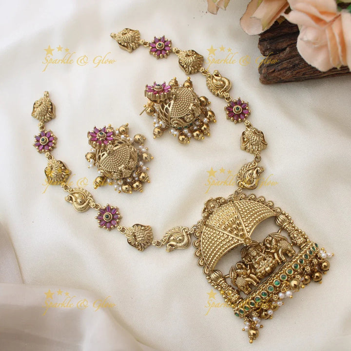Grand Idol Lakshmi Elephant pendant carved Peacock Floral Short necklace