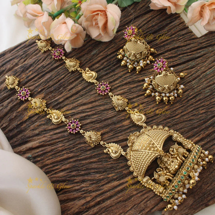 Grand Idol Lakshmi Elephant pendant carved Peacock Floral Short necklace