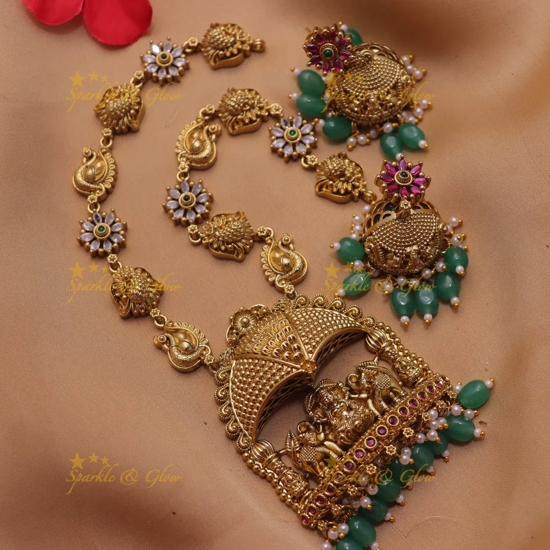 Grand Idol Lakshmi Elephant pendant carved Peacock Floral Short necklace