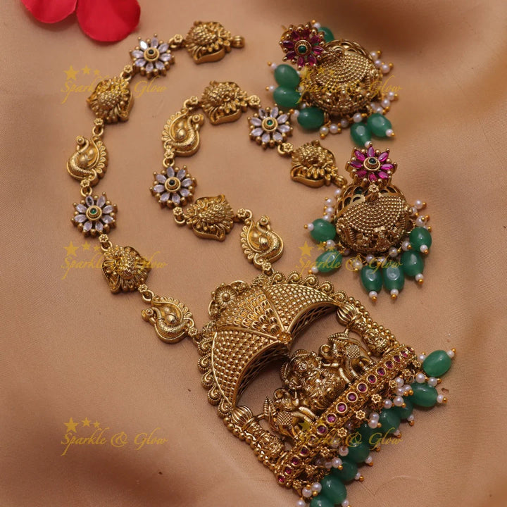 Grand Idol Lakshmi Elephant pendant carved Peacock Floral Short necklace