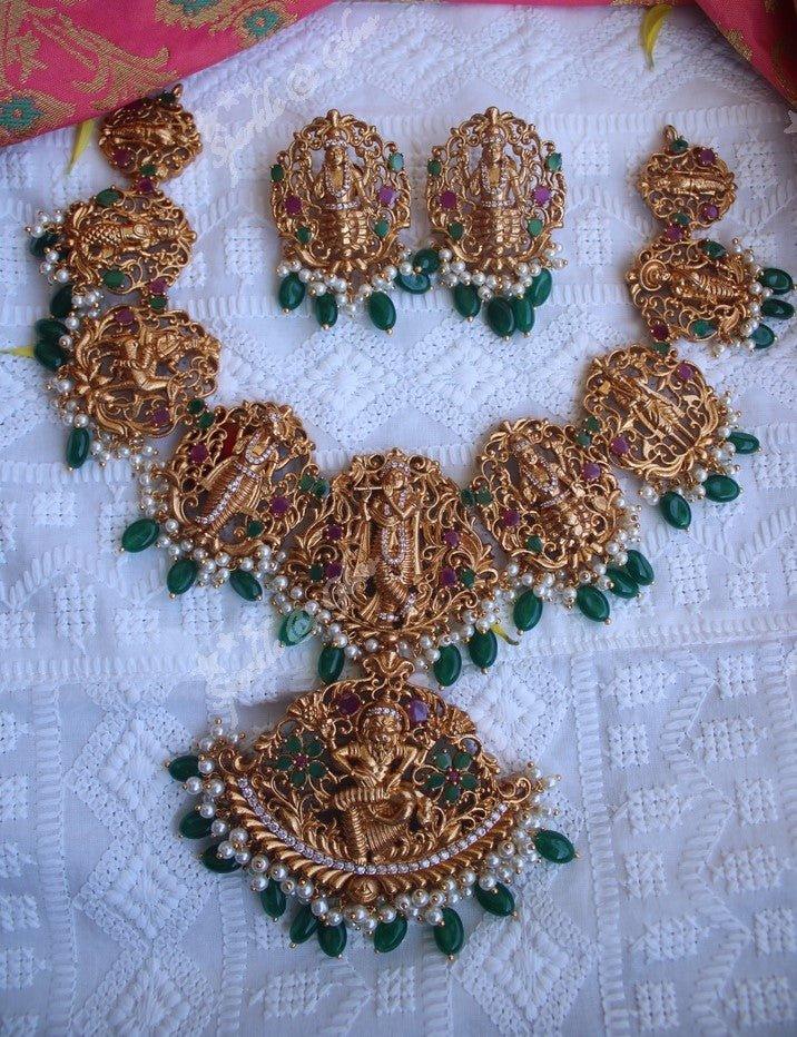 Gold alike polished Dashavathara neckalce set with green beads - Sparkle and Glow