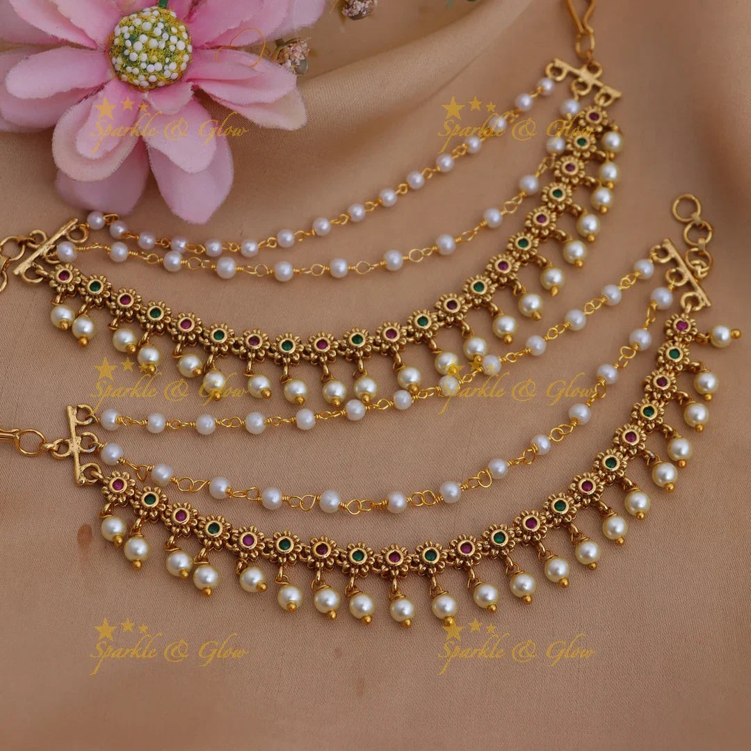 Elegant Pearl Drop Floral Ear Chain