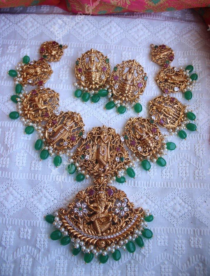 Gold alike polished Dashavathara neckalce set with green beads - Sparkle and Glow
