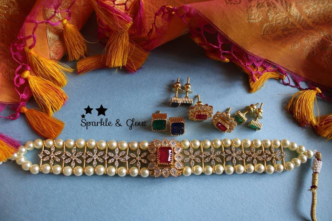 Interchangeable AD Stone High neck gold beads choker - Sparkle and Glow