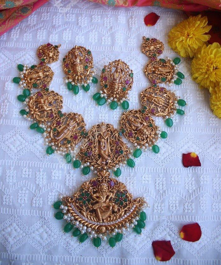 Gold alike polished Dashavathara neckalce set with green beads - Sparkle and Glow