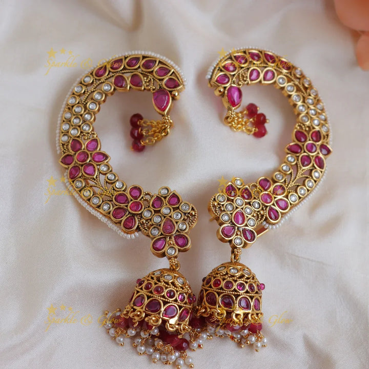 Elegant Floral Ear cuff with Jhumka Drops and Pearl Detailing - Sparkle and Glow