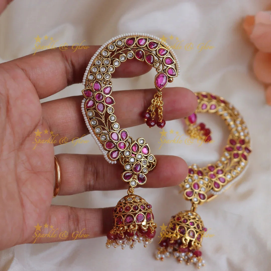 Elegant Floral Ear cuff with Jhumka Drops and Pearl Detailing - Sparkle and Glow