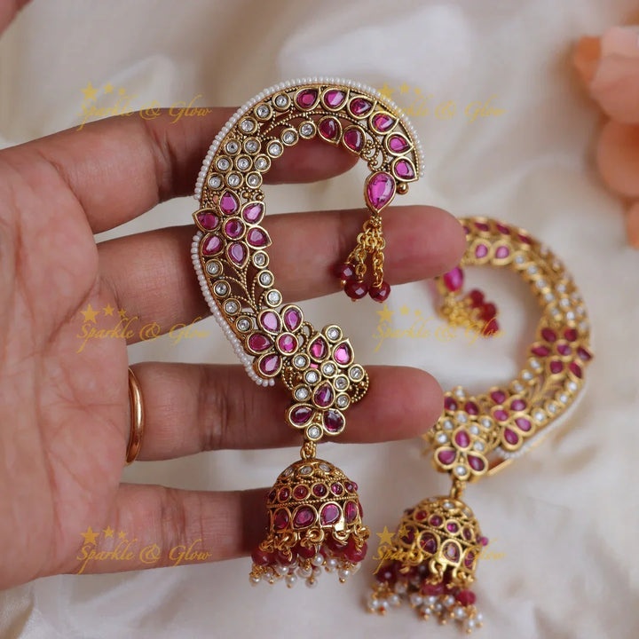 Elegant Floral Ear cuff with Jhumka Drops and Pearl Detailing - Sparkle and Glow