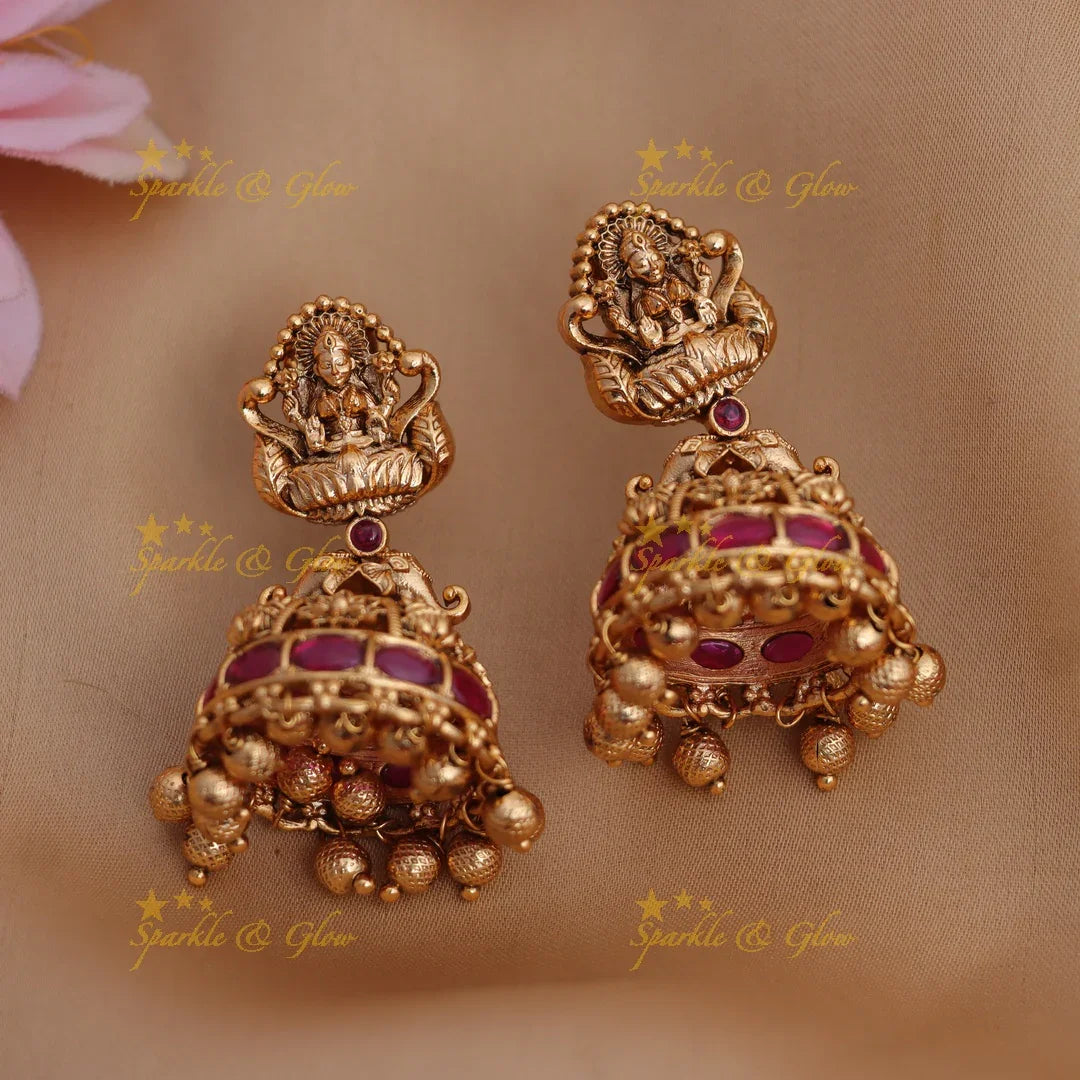 Elegant Antique gold alike Lakshmi Jhumka with Ruby Detailing & Gold Beads - Sparkle and Glow