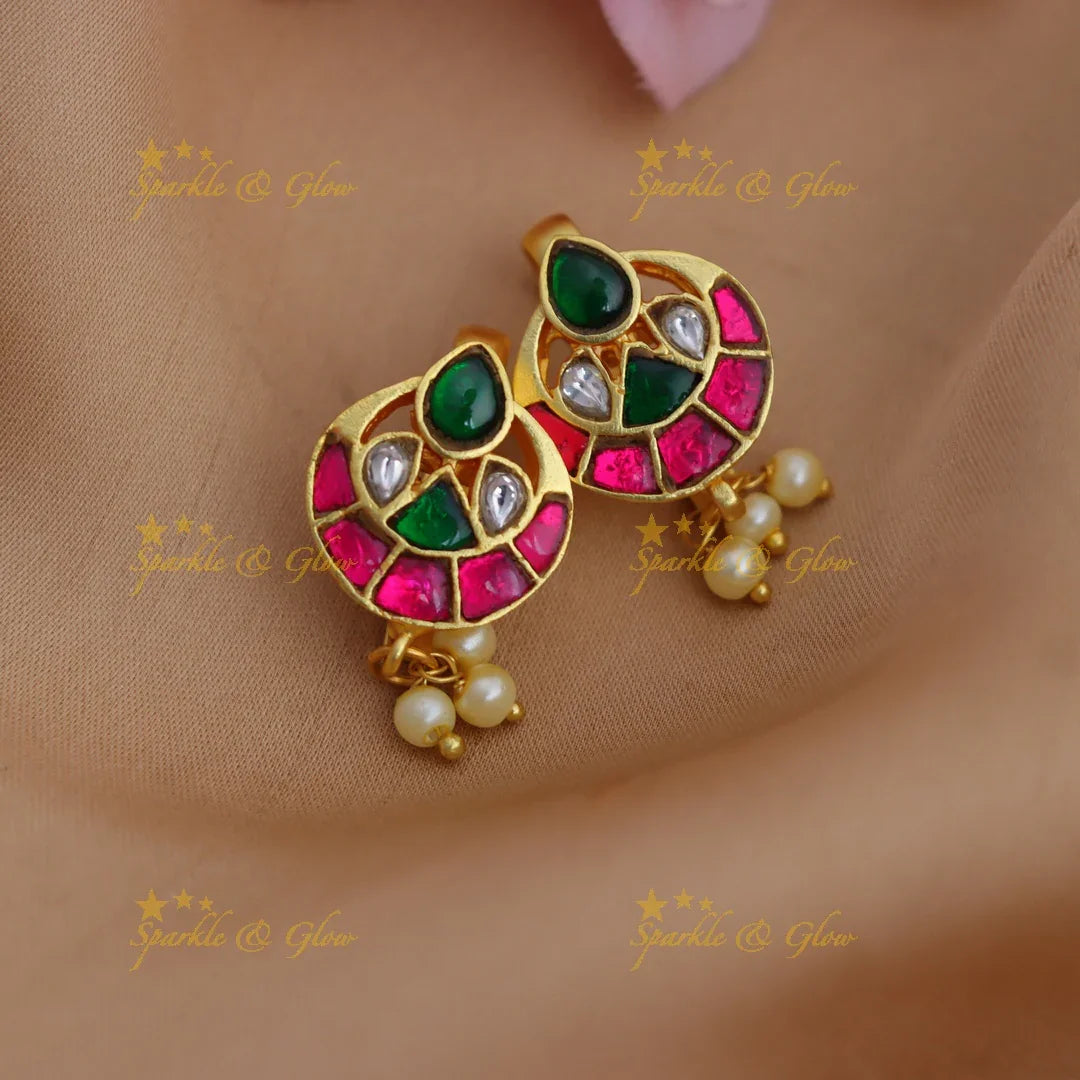 Stunning Jadau Kundan Round Bugadi Earrings with Green-Pink Enamel & Pearl Drops - Sparkle and Glow