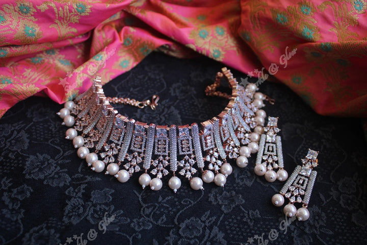 Premium Ad stones rose gold choker necklace - White