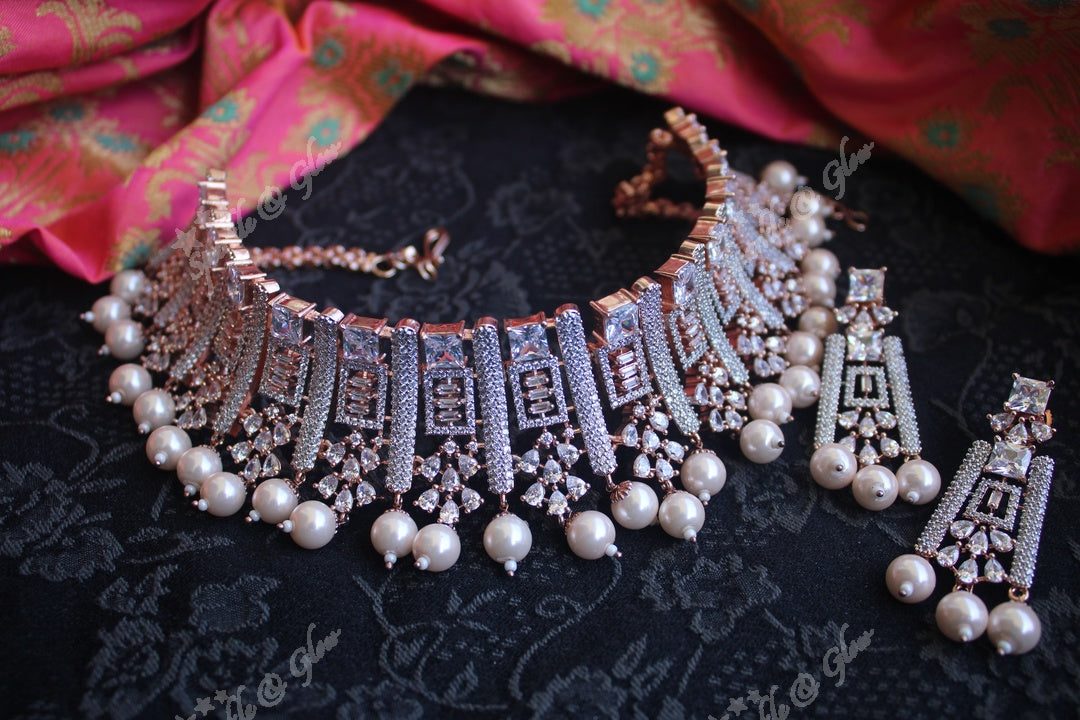 Premium Ad stones rose gold choker necklace - White