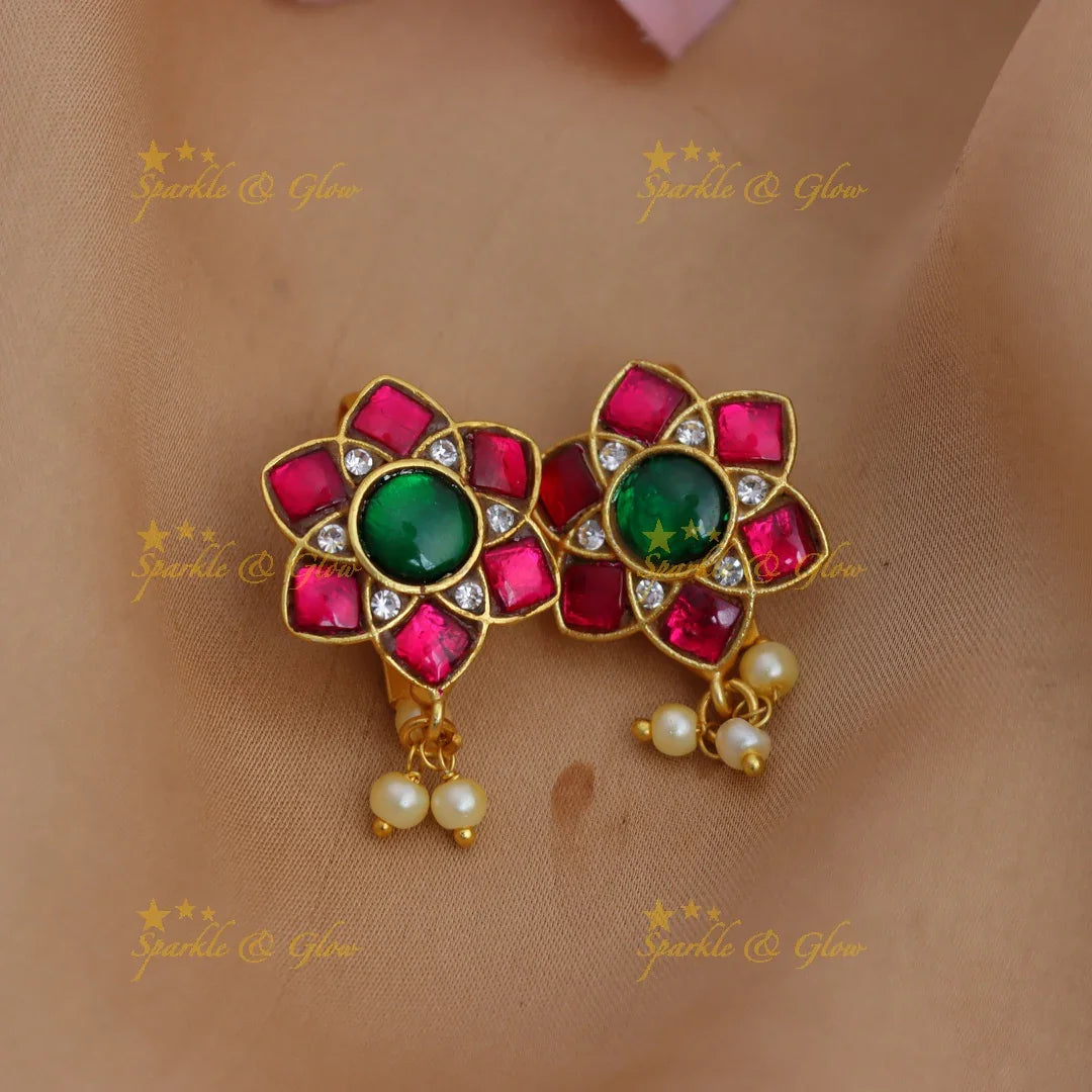 Elegant Jadau Kundan Sunflower design Bugadi Earrings with Green Center & Pink Kundan Petals - Sparkle and Glow