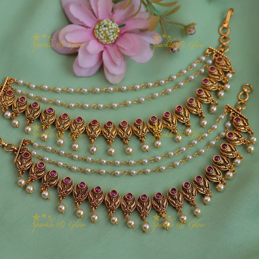 Pearl & Stone Earchain - Intricate Non-Idol Design