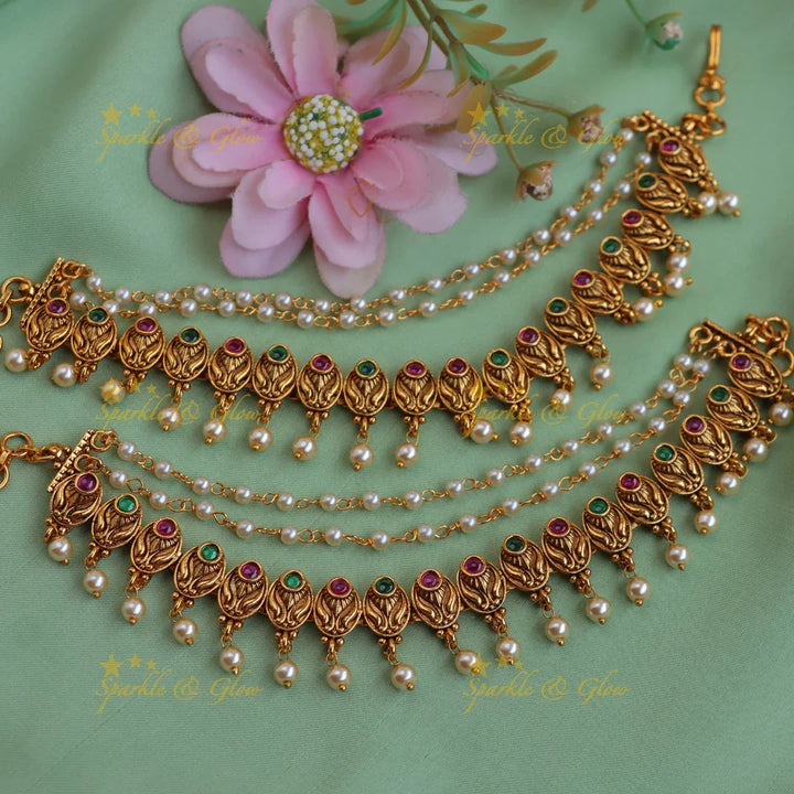 Pearl & Stone Earchain - Intricate Non-Idol Design