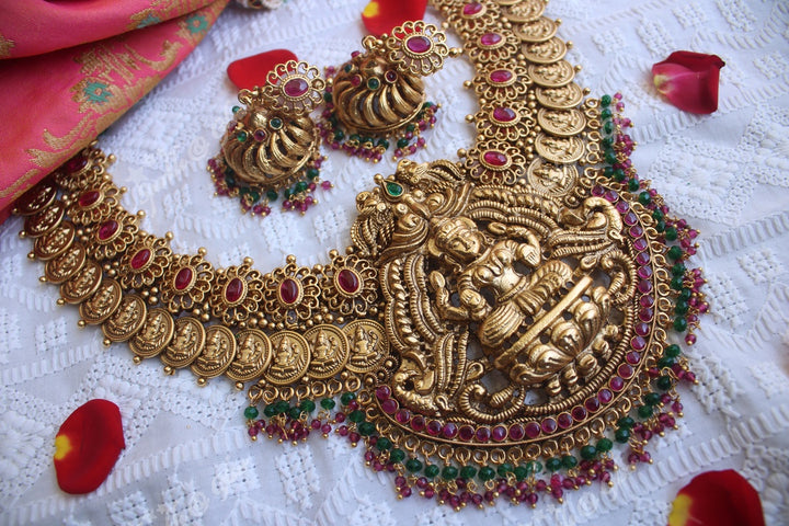 Gold alike polished elegant coin necklace- ruby green beads