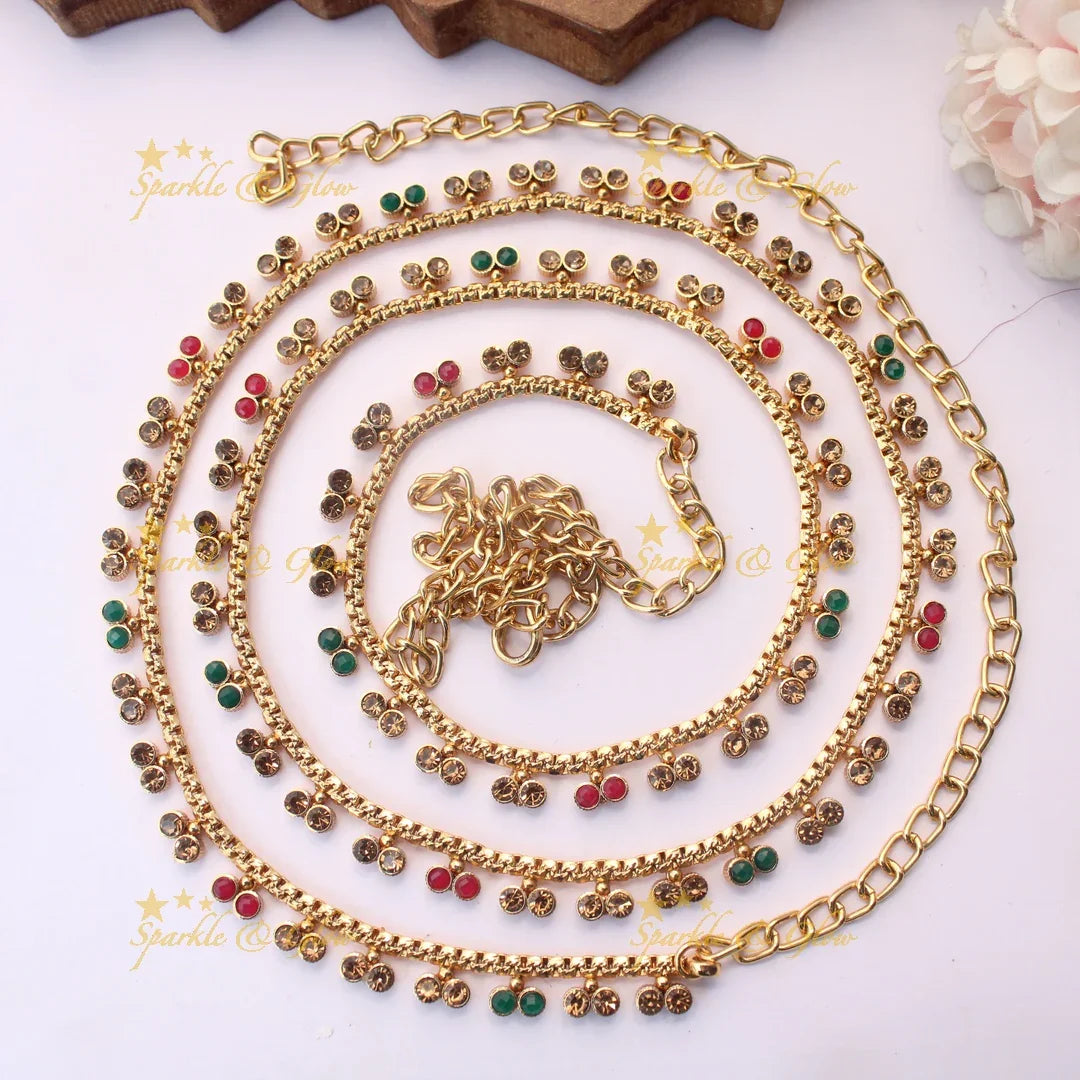 Traditional Thin Hipchain with Multicolor Stone Danglers