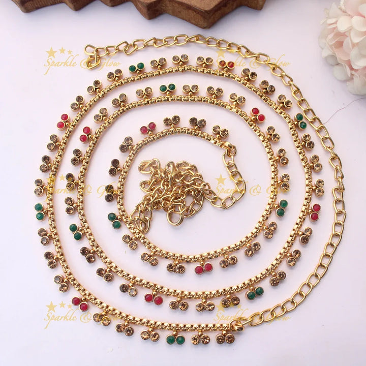 Traditional Thin Hipchain with Multicolor Stone Danglers