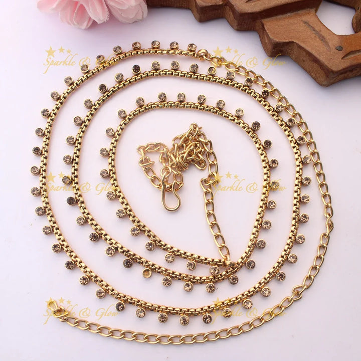 Traditional Thin Hipchain with Sparkling Round Stone Danglers