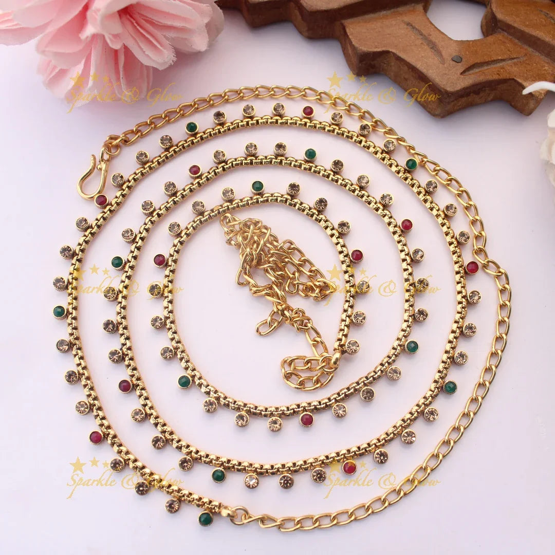 Traditional Thin Hipchain with Sparkling Round Stone Danglers