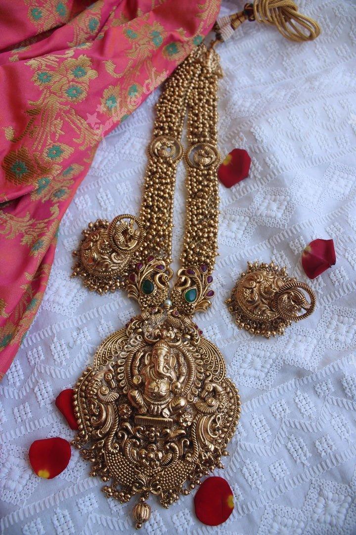 Gold alike polished Ganesha carved peacock haram - Pearl - Sparkle and Glow