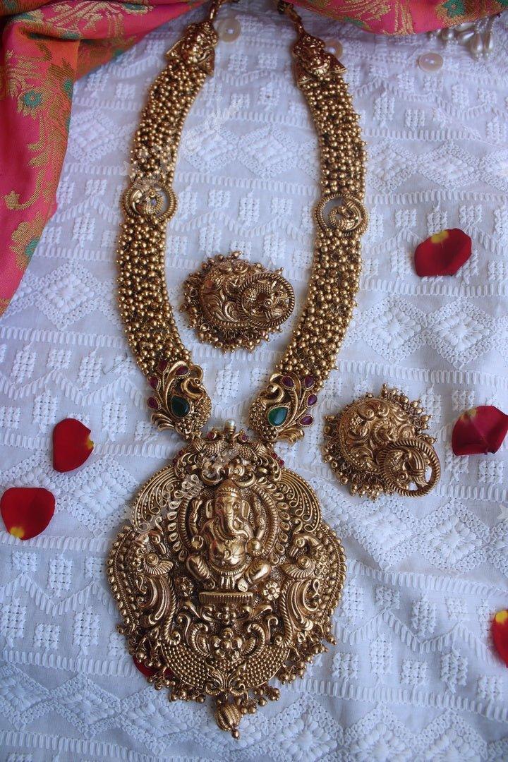 Gold alike polished Ganesha carved peacock haram - Pearl - Sparkle and Glow