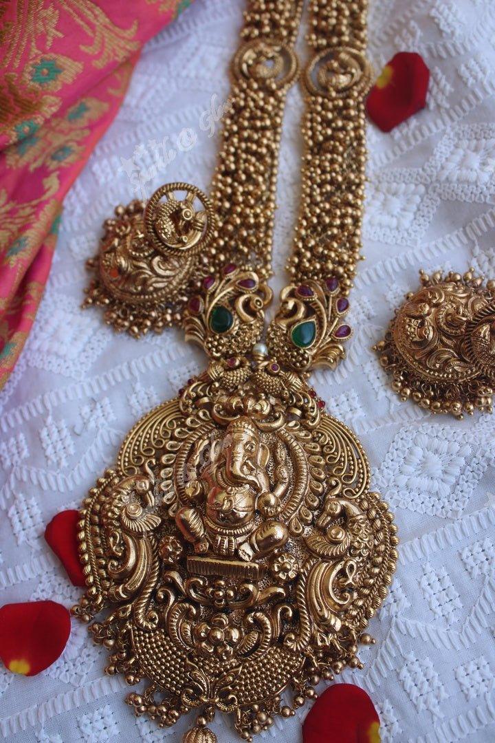 Gold alike polished Ganesha carved peacock haram - Pearl - Sparkle and Glow
