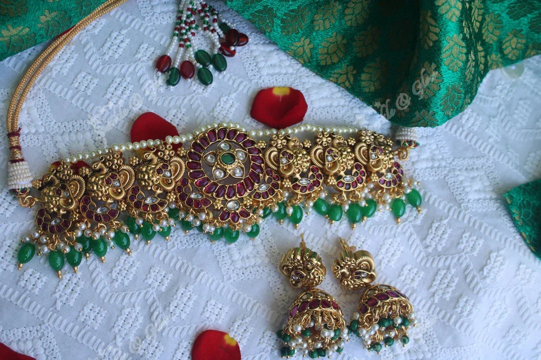 Exquisite gold alike polished peacock choker made with kemp stones - Gold Beads - Sparkle and Glow