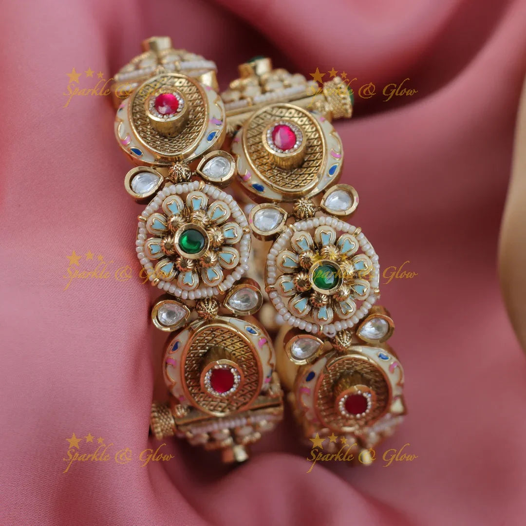 Royal Kundan & Meenakari Bridal Bangles with Pearl Embellishments