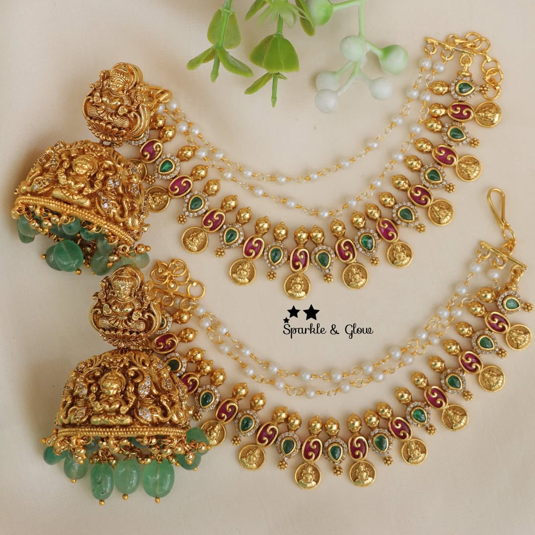 Exquisite Lakshmi Coin Earrings & Earchain Set - Sparkle & Glow