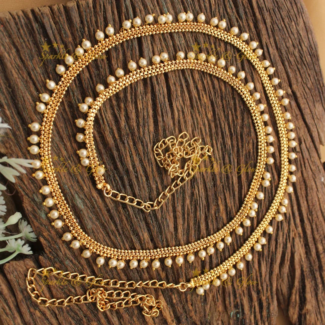 Elegant Gold alike Thin Hipchain with Pearl Droplets
