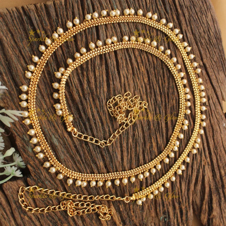 Elegant Gold alike Thin Hipchain with Pearl Droplets