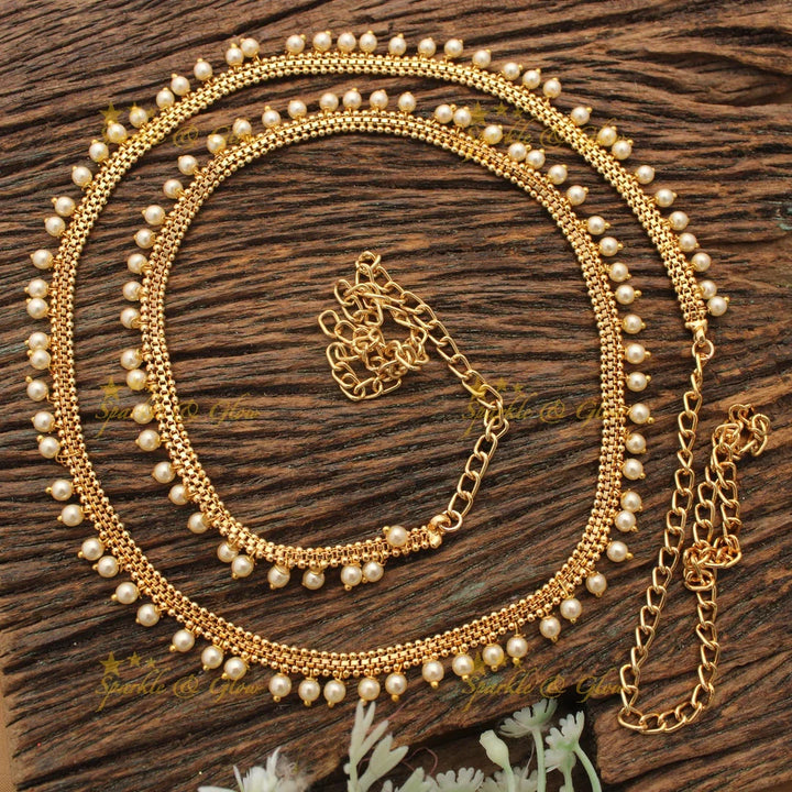 Elegant Gold alike Thin Hipchain with Pearl Droplets