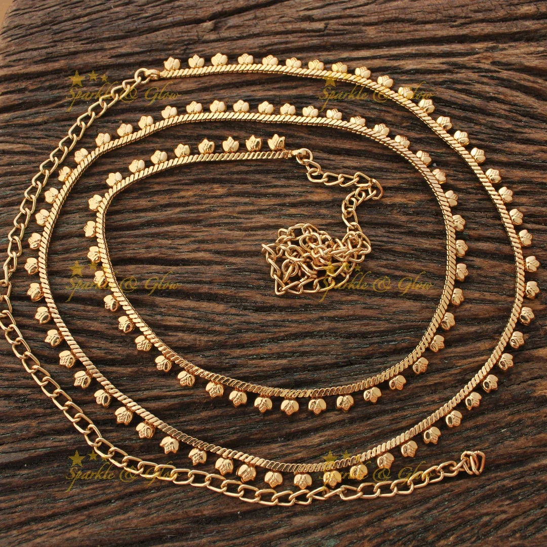 Gold alike Thin Hipchain with Floral Drop Accents