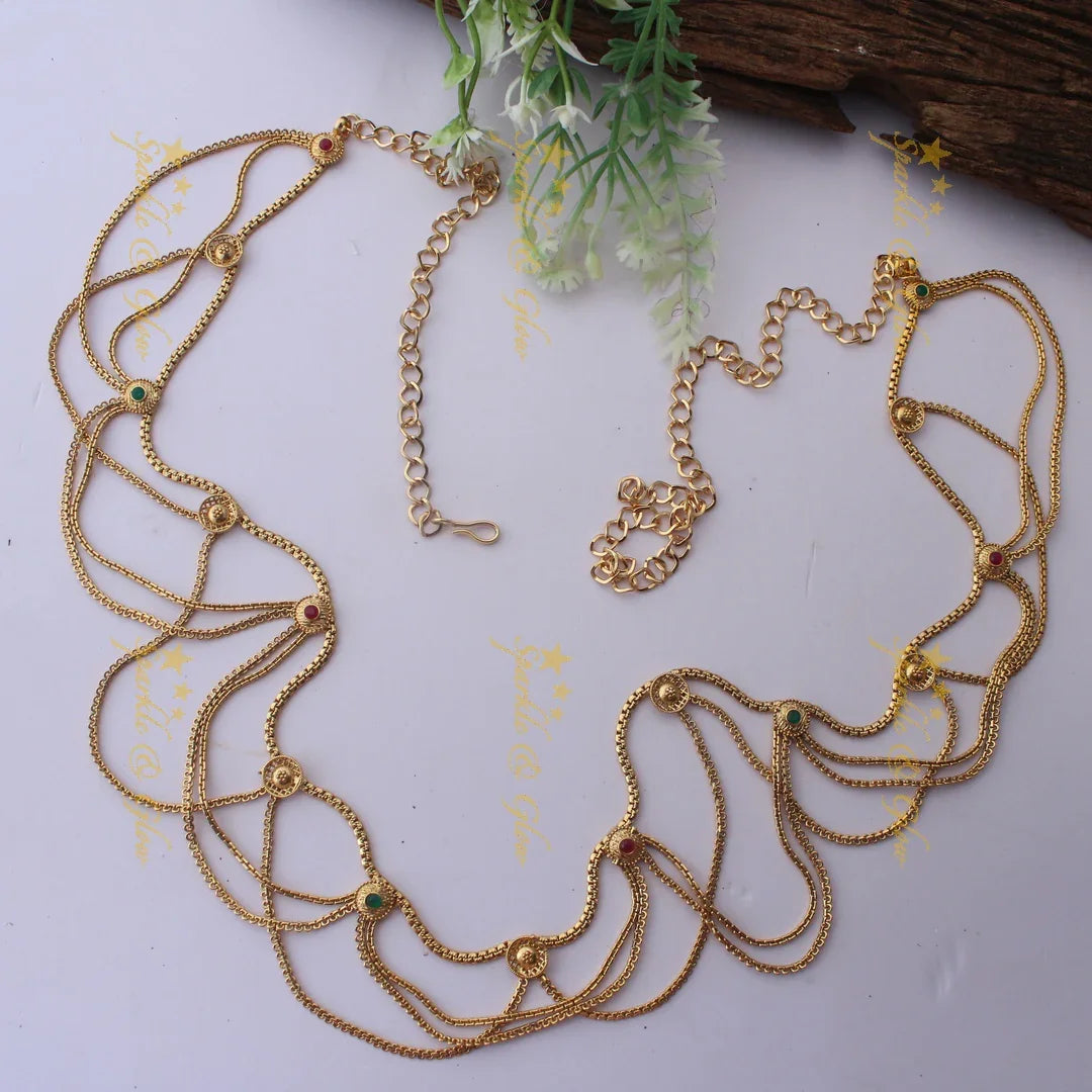 Layered Gold alike Thin Hipchain with Multicolor Stone Embellishments