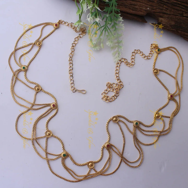 Layered Gold alike Thin Hipchain with Multicolor Stone Embellishments