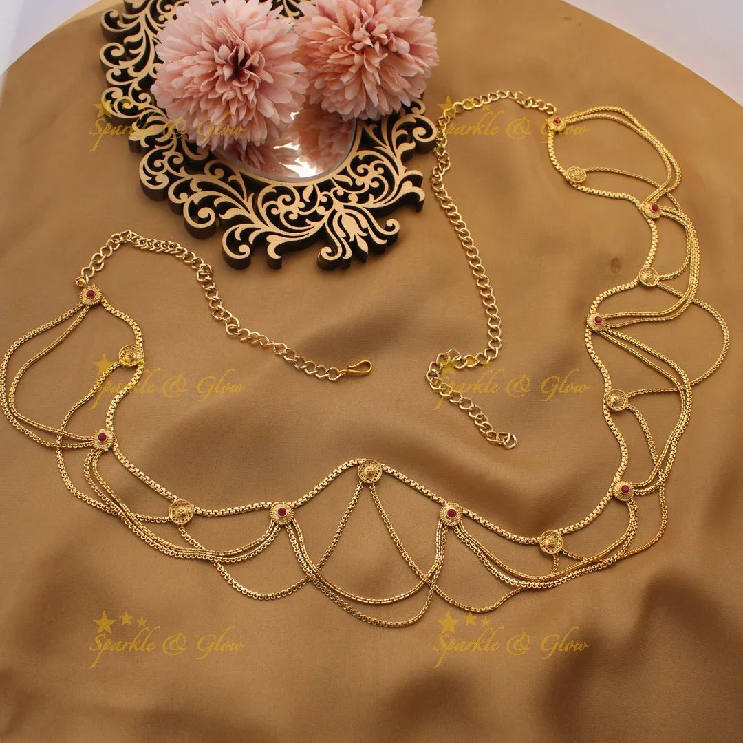 Layered Gold alike Thin Hipchain with Multicolor Stone Embellishments