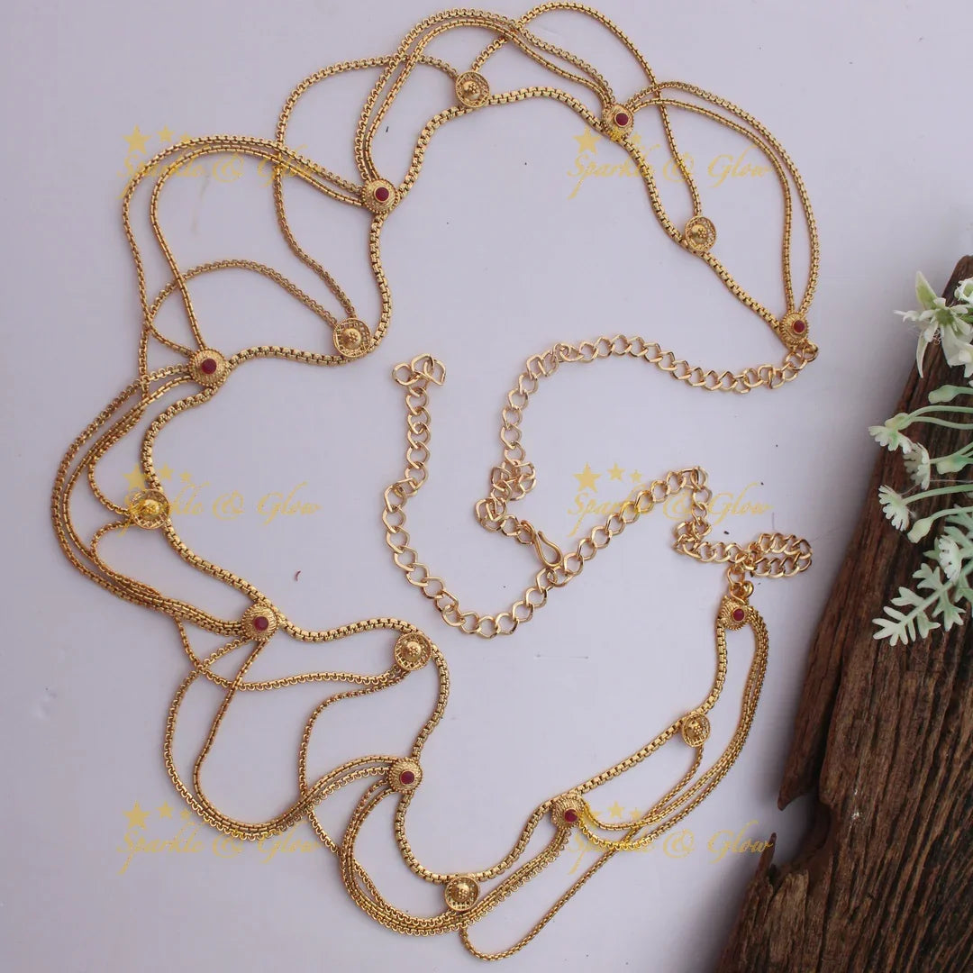 Layered Gold alike Thin Hipchain with Multicolor Stone Embellishments