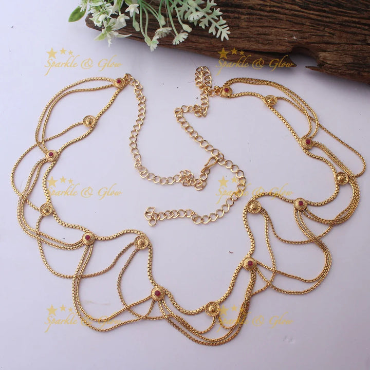 Layered Gold alike Thin Hipchain with Multicolor Stone Embellishments