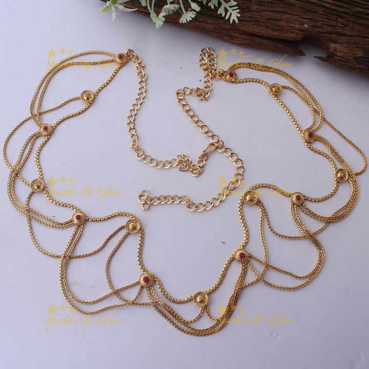 Layered Gold alike Thin Hipchain with Multicolor Stone Embellishments