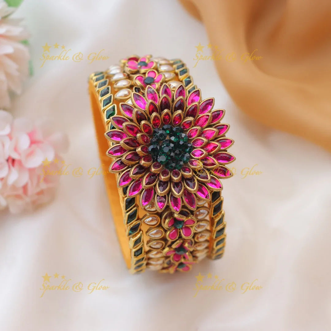 Elegant Floral Kundan Silk Thread Bangles in Pink & Green