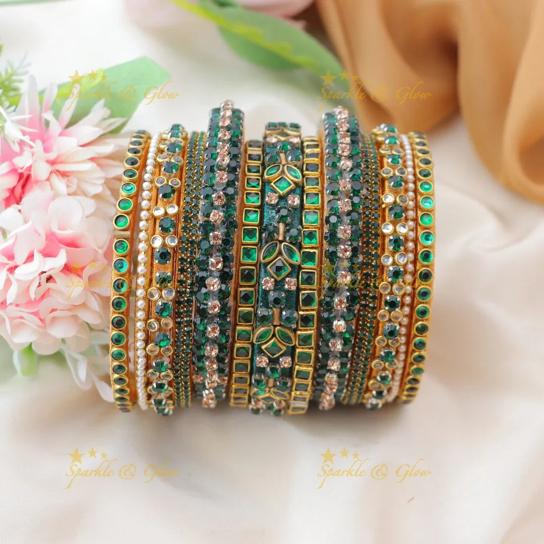 Elegant Floral Emerald Silk Thread Kundan Bangles Set