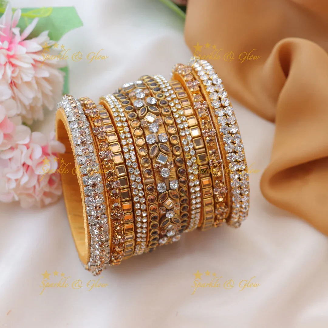 Golden Silk Thread Bangles with Mirror & Stone Embellishments- One hand
