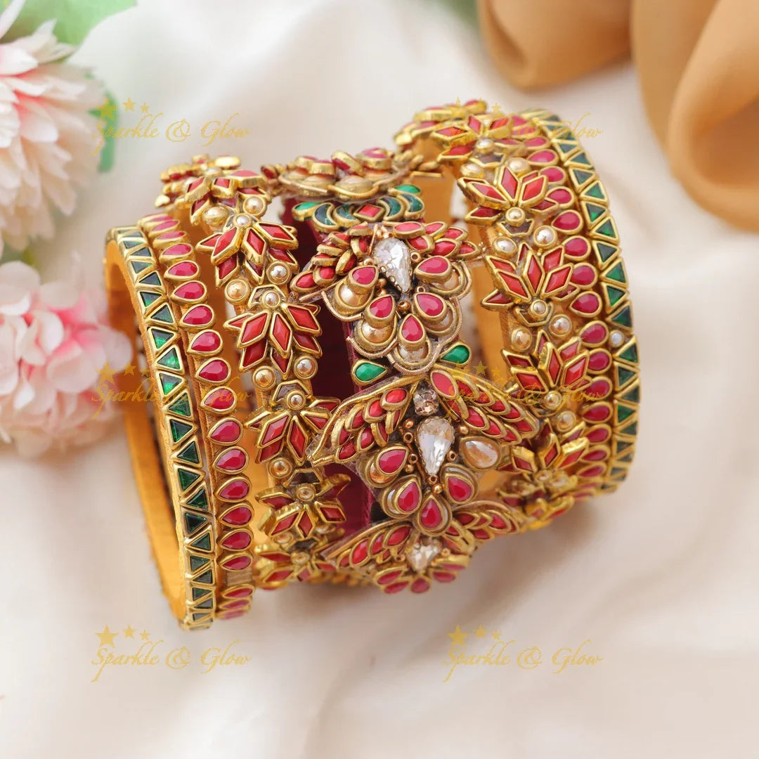 Grand Leaf Floral Silk Thread Bridal Bangles Set