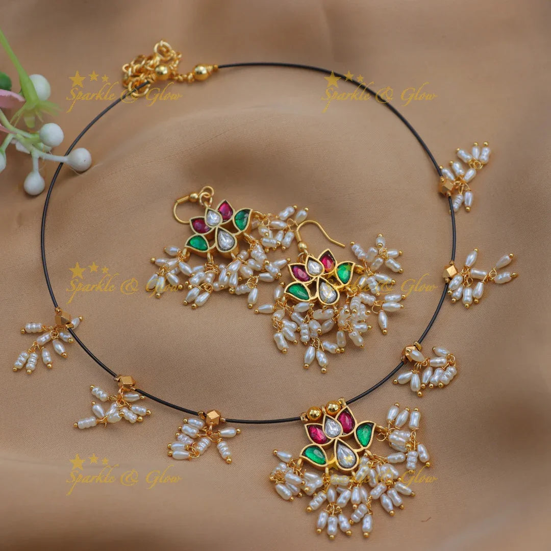 Stunning Jadau Kundan Lotus Invisible Short Necklace Set